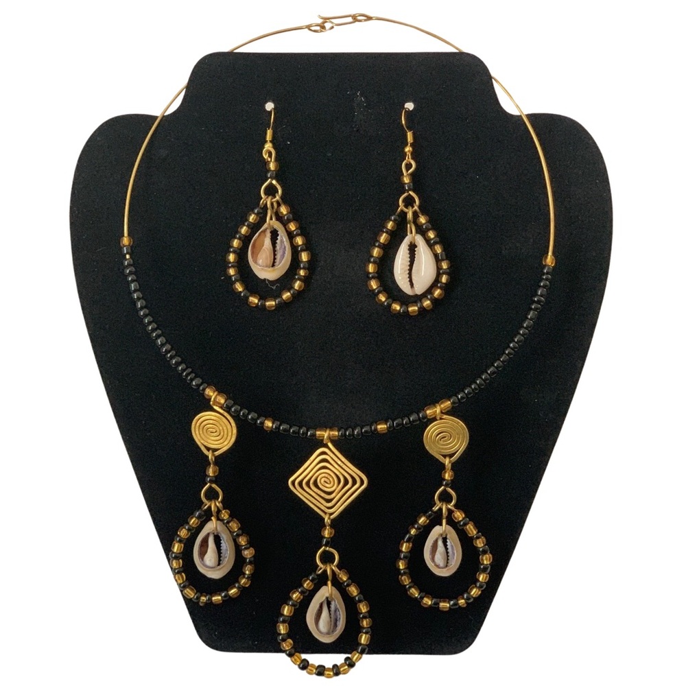 Beaded Brass & Cowrie Shell Necklace Set